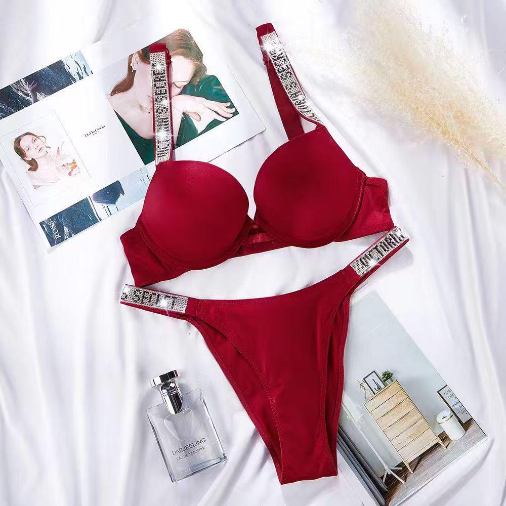 Plus Size European & American Light Luxury Diamond Strap Push-Up Bra & High Cut Panty Set