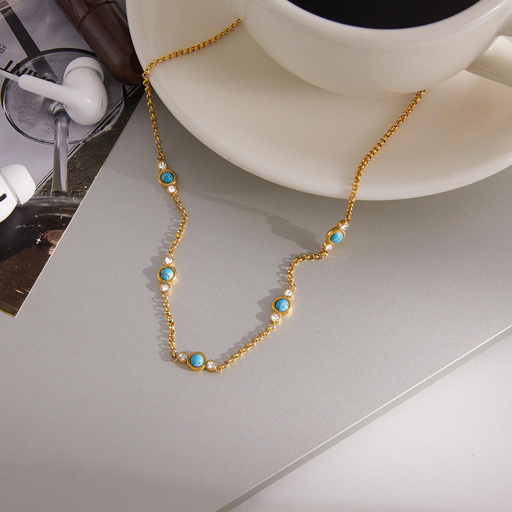 Yori Popular Stainless Steel Blue Turquoise Necklace 18 K Plated Stainless Steel Collar Necklace Gift Jewelry