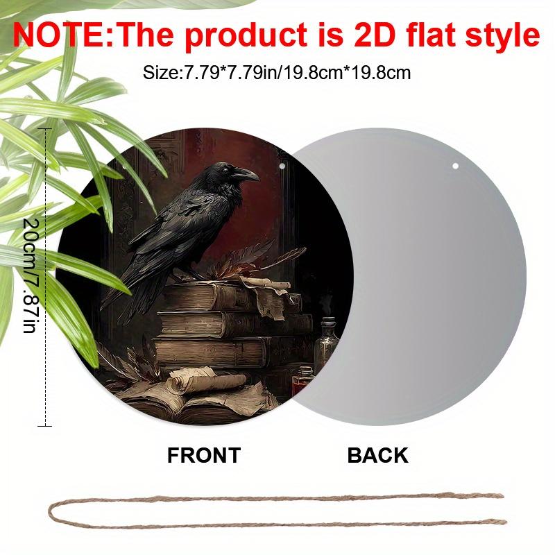 2D Flat Aluminium Retro Halloween Sign with Black Crow Pattern - Halloween Figurine Ornaments - Ideal for Front Door, Wall, Porch, Window Decor