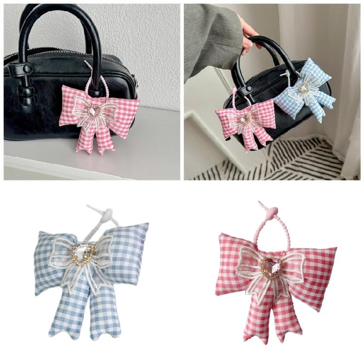 Portable Grid Bowknot Phone Charm for Bagpack Bag Pendant Keychain Keyring Gift