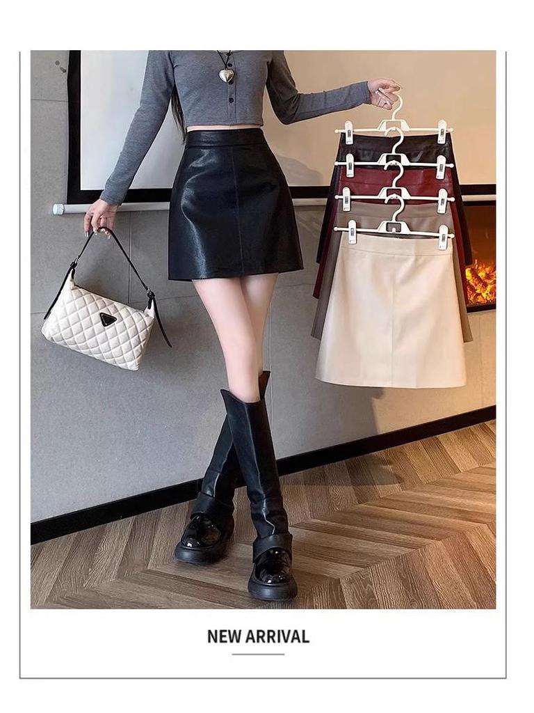 Women's High-Waist Black PU Leather A-Line Skirt – Autumn/Winter 2023, Korean Style, Slim Fit, Anti-Exposure, Short Length
