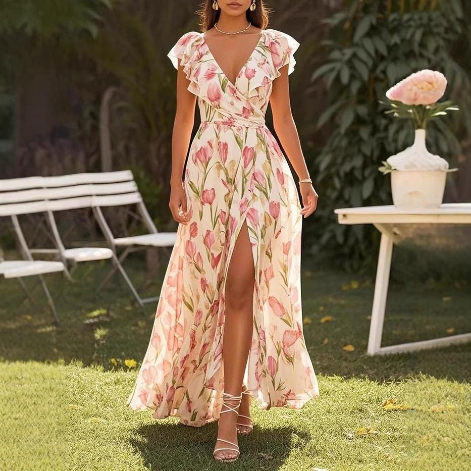 2026 European and American women s clothing, short-sleeved V-neck, split ends, digital printing, dresses, dresses S розовый