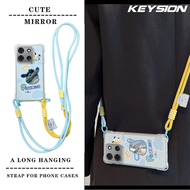 KEYSION Crossbody Strap Phone Case for TECNO Spark Go 2023 Pop 7 Pro Cute Cartoon Long Lanyard Mirror Shockproof Cover for Infinix Smart 7