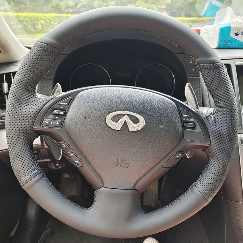 

для Infiniti G25 G35 G37 X30 EX35 EX37 Q40 Q60 QX50 2008-2018 Ручна прошивка Чорна Шкіра Вуглепластик Автомобільний Кермовий Колесо Покриття 4