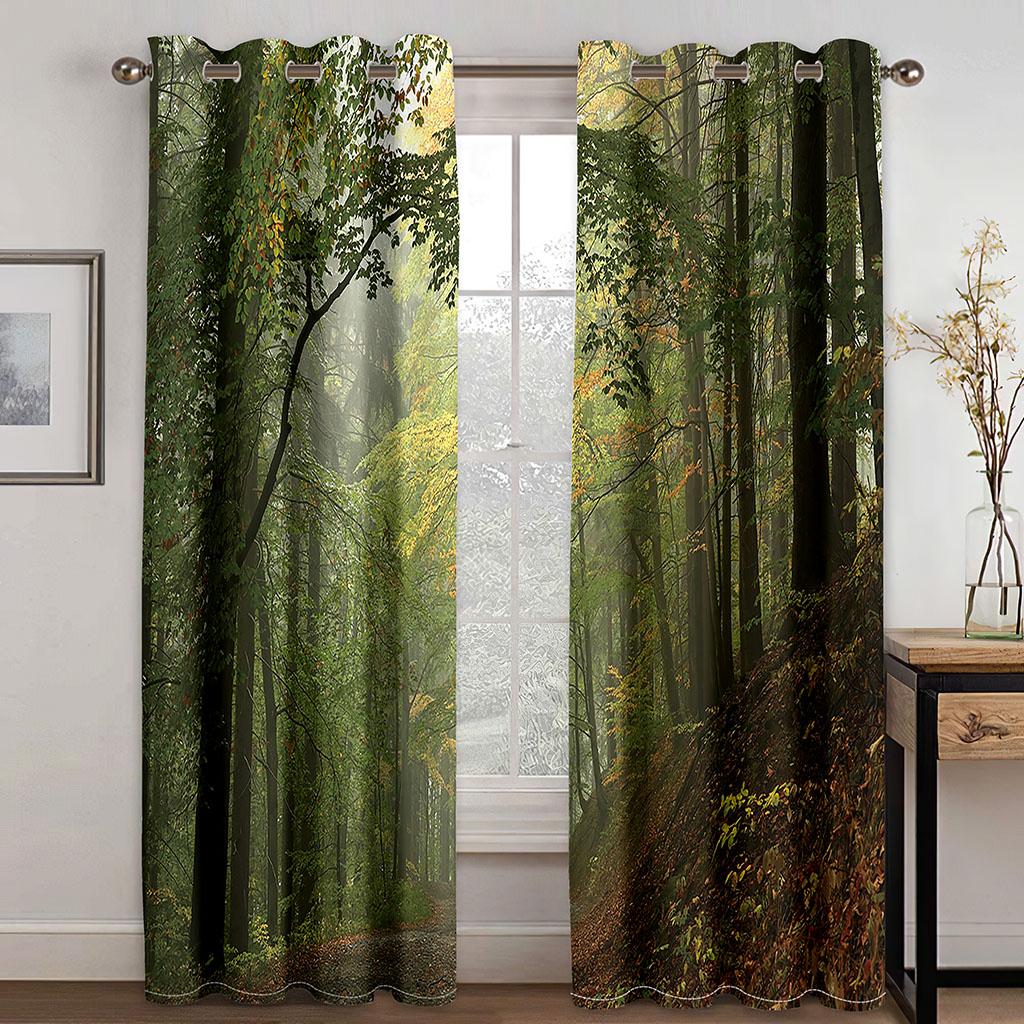 Spring Forest River Landscape Shade Curtain Living Space Bedroom Area Home Decor Thin Curtain 2 Panels Punch Hooks