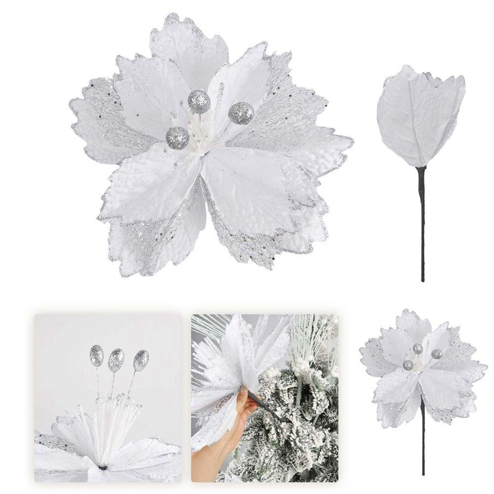Creative With Stem Artificial Christmas Flowers Shiny Handmade Simulated Sequined Flower DIY Xmas Tree Ornaments Wedding Gift