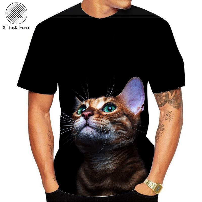 Summer Round Neck 3D Cat Printed Top Fashionable Casual Short Sleeved Men's T-shirts