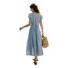 Olrain Blue French Style Waist-Slimming Dress for Women Summer Puff Sleeve Long Dress