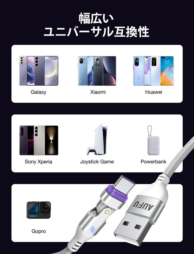 AUFU Magnetic USB C Charging Type C Rotatable 2M 3A Fast Data Magnetic Connection Compatible with Android and Other Set of 3 Cable, 18W, 16-pin Cable,