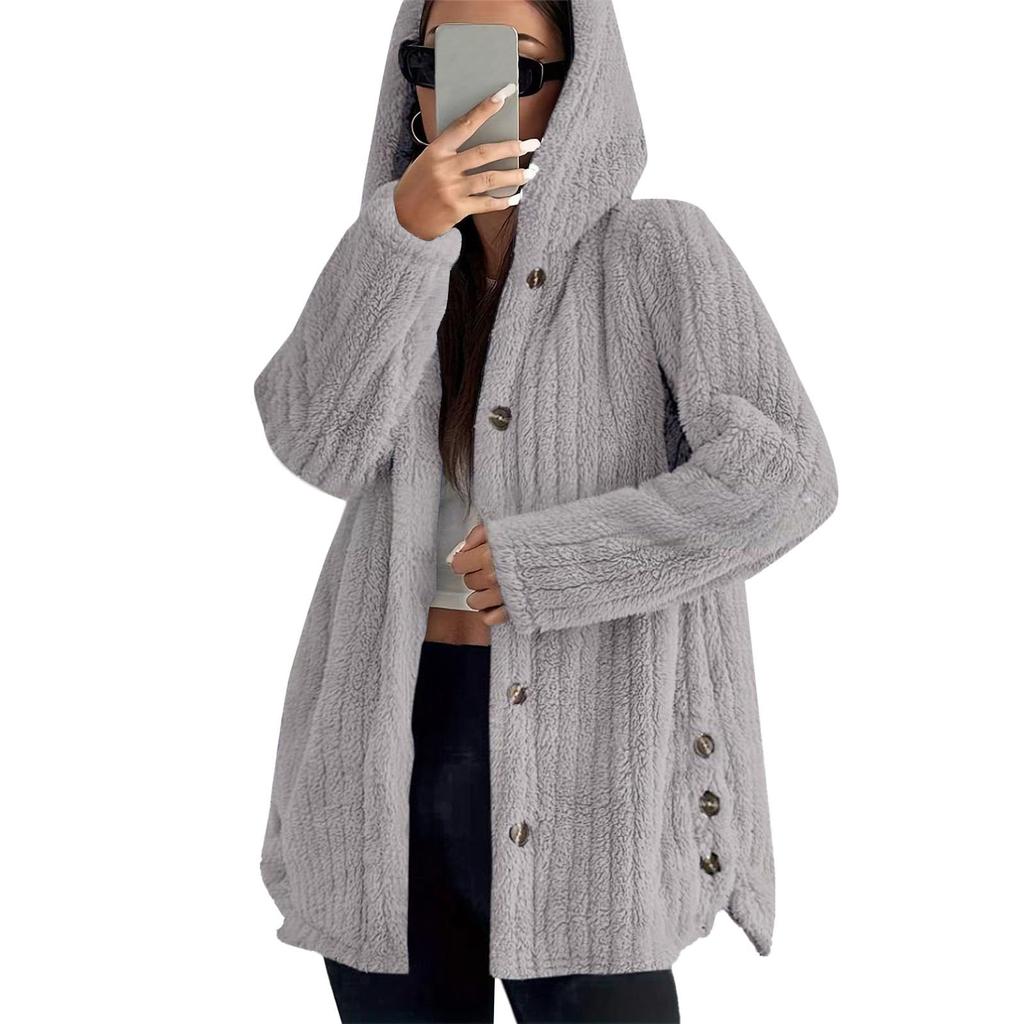 Women's Fashionable Coat Solid Color Long Sleeved Hooded Button Plush Warm Jacket