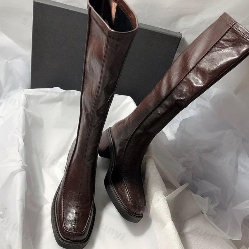 Women Knee High Boots Vintage Thick Heel Fashion Zippers Leather Boot 2026 Autumn Winter Ladies Concise Long Boot Botas De Mujer