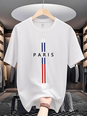 Men's Lightweight and Breathable Pure Cotton Short-sleeved T-shirt with Parisian Graphic Prints and Red Striped Women's