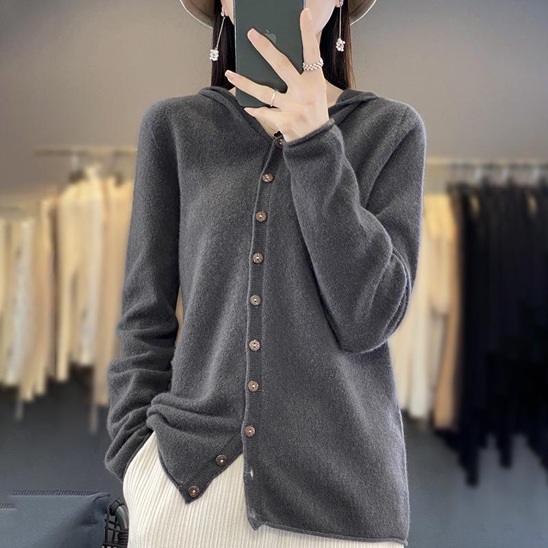 Women's Fashionable Pure Wool Cashmere Hoodie Cardigan - Autumn/Winter Knitwear Long Sleeve Loose Sweater.