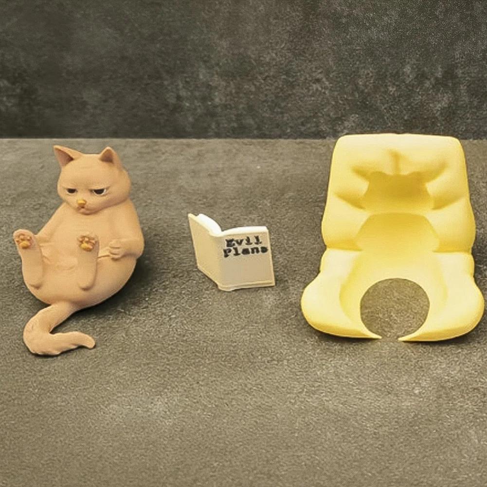 Lovely Reading Cat Desk Figurine 3D Printed Multi-Color Ornament Detachable Assembly Statue Funny Home Decor For Cat Lovers