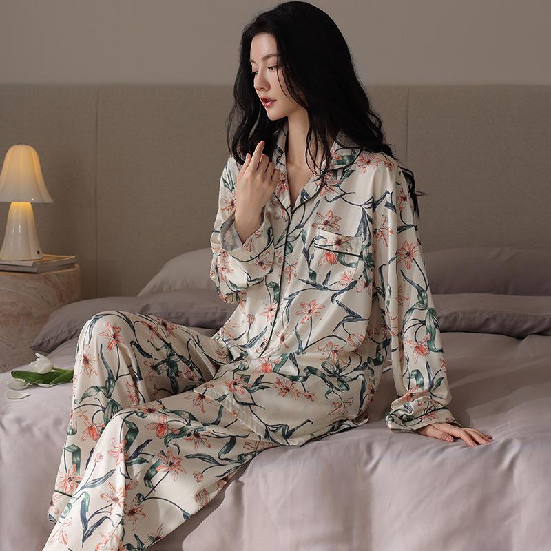 

Pajamas Women s Spring and Autumn Ice Silk Long Sleeve Homewear Simulation Silk Light Luxury Premium Thin Wear Set M recommendation 40-50kg
