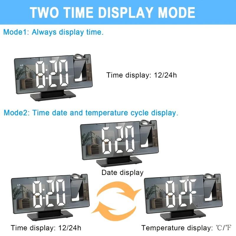 180° Adjustable LED Projection Alarm Clock with Snooze 12/24H Temperature Display and Mirror Design USB Powered for Bedroom Home