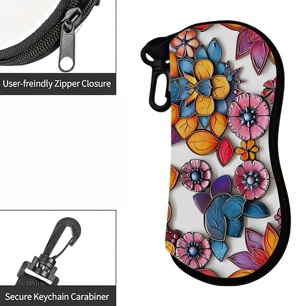 2D-Boho Floral Pattern Zipper Sunglasses Case, Vintage Flower Print Eyeglasses Storage Pouch, Protective Glasses Holder for Women Travel Accessories