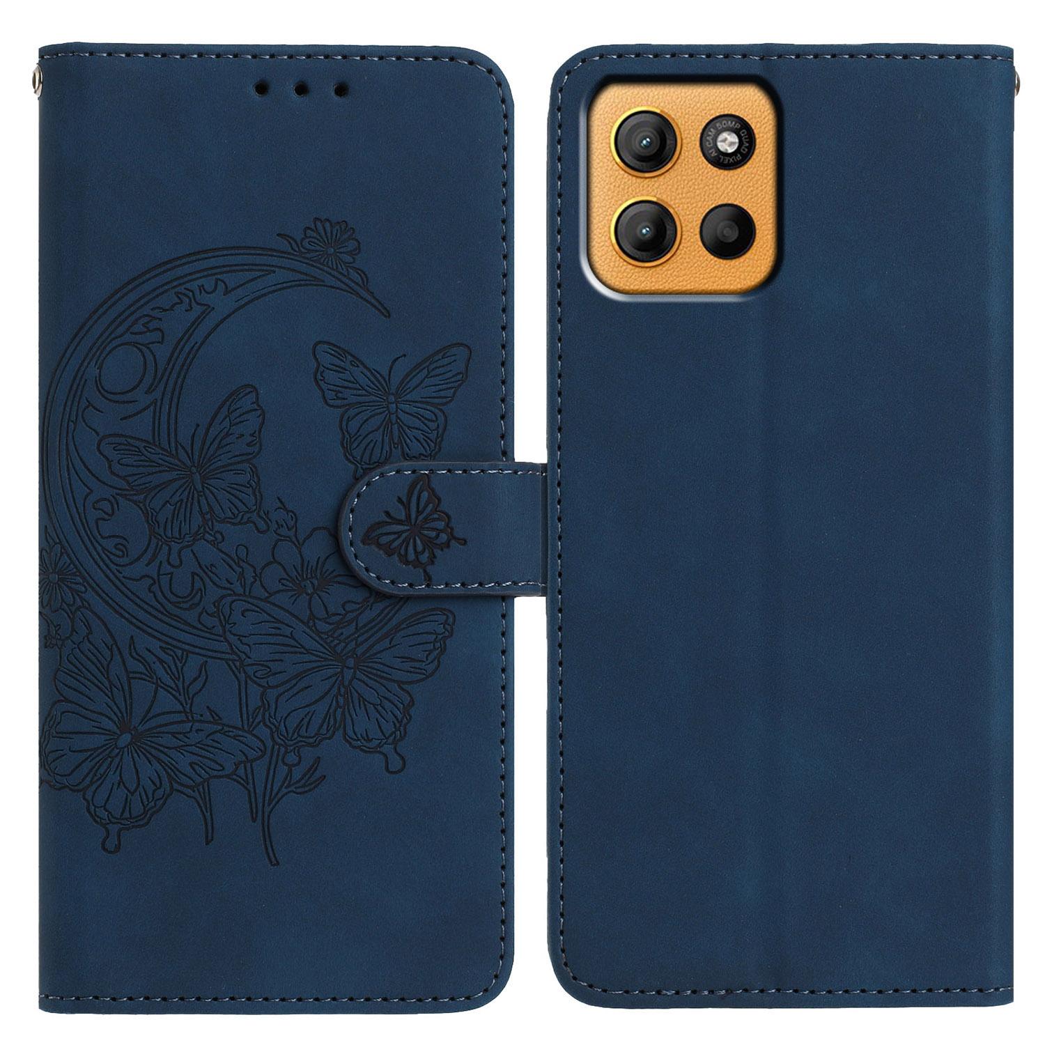 

For Motorola Moto G15 4G Case Butterfly Flower Imprinted PU Leather Wallet Stand Phone Cover Blue