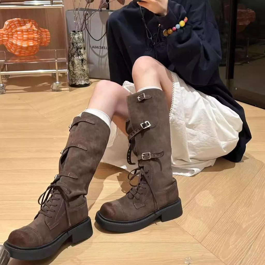 Women Knee High Boots Autumn New Gladiator Knights Boots Fashion Anti Slip Platform Buckle Outdoor High Quality Botas Mujer