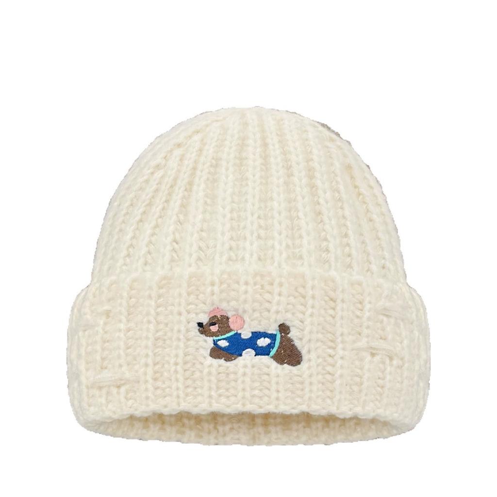 Welpen Bestickte Strickmütze für Damen im Herbst und Winter Warm Süß Niedlich Vielseitig Gesicht Zeigend Klein Überziehmütze, Trendig