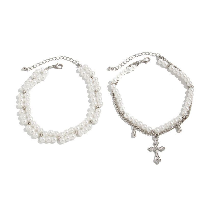 Set of Cross Imitation Pearl Anklets, European and American Fashion Trendy and Unique Accessories for Girls To Wear When Traveling and Taking Photos