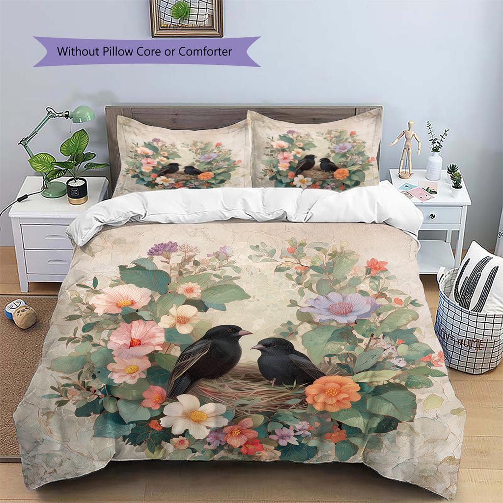 Bird's Nest with Flower Wreath  Pattern Bedding Quilt Set  Home Decoration  Gift (1 * duvet cover + 2 * pillowcase, without core)