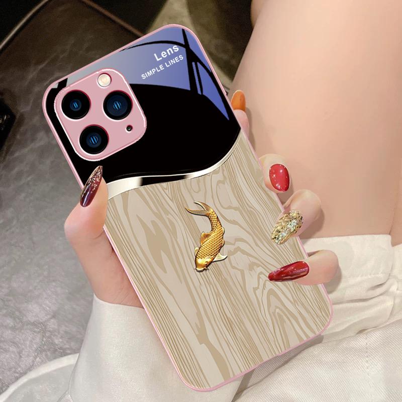 

Дерево Зерно Рыба Прыжок в Небо для IPhone 15 Pro 14 13 12 Mini 11 XS Max XR 7 8 Plus SE 2020 2022 Закаленное Стекло Чехол для Телефона For iPhone SE (2022)