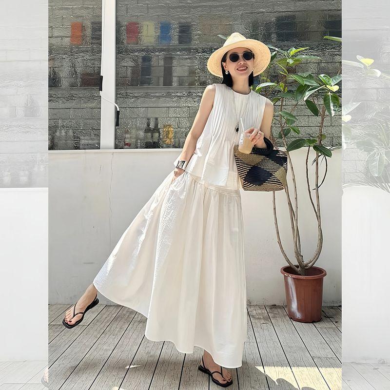 

White Casual Sleeveless Tops Suit Skirt for Women 2025 New Arrival Summer Fancy Small Dress Skirt Two-piece Set White S