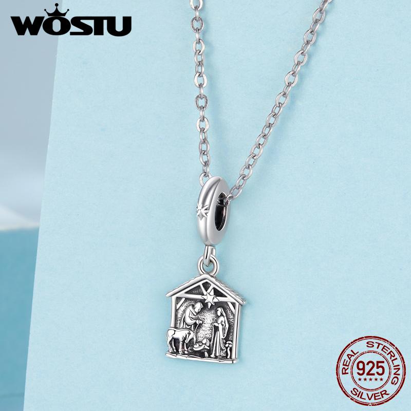 WOSTU Vintage 925 Silver Jesus Nativity Scene Charm The Birth Of Jesus Pendant Fit DIY Bracelet Neckalce