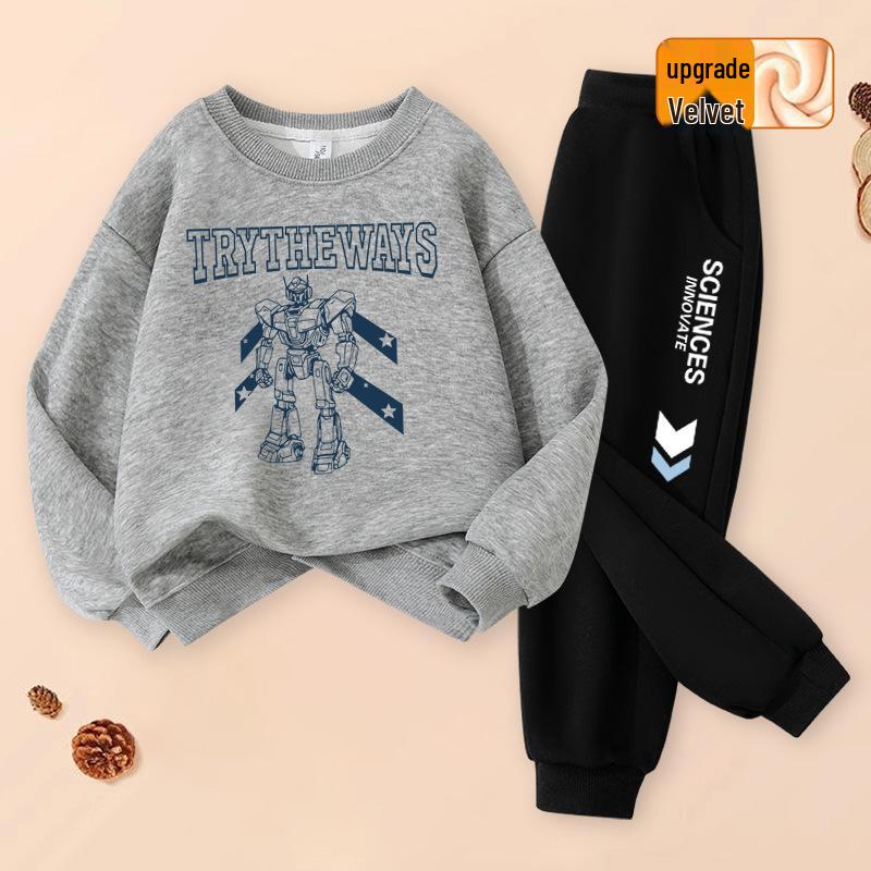 2025 Boys' Trendy Fleece-Lined Hoodie & Pants Sportswear Set for Spring & Autumn