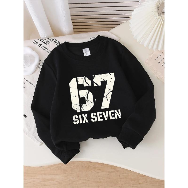 European Sizes Crewneck Sweatshirt for Kids - Six Seven with a Cracked Red And White Design, Ideal for Sports And Casual Outings, Soft And Cozy