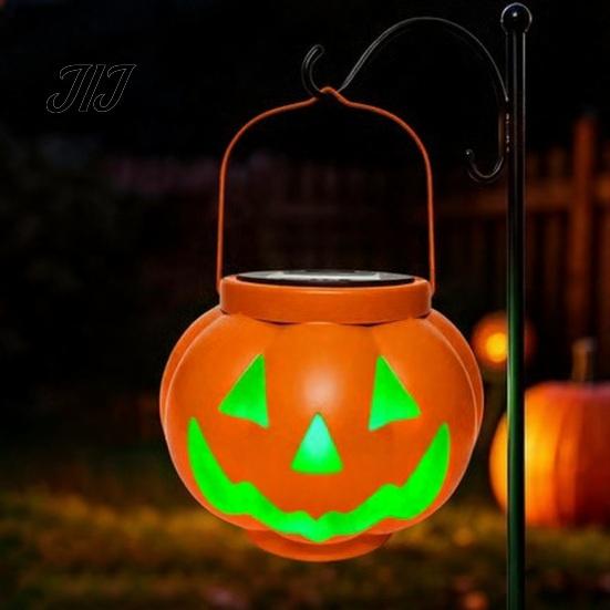 Weather Resistant Patio Lanterns Halloween Pumpkin Solar Lantern, Waterproof Outdoor Hanging Light, Orange Decorative Resin Lamps Spooky Face Lantern
