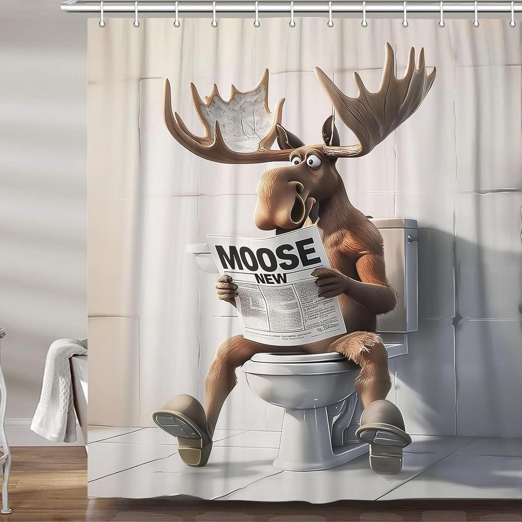 Funny Moose Shower Curtain, Cool Moose Fabric Shower Curtains Set For Men Kids Boys Bathroom Decorative, Unique Cute Restroom