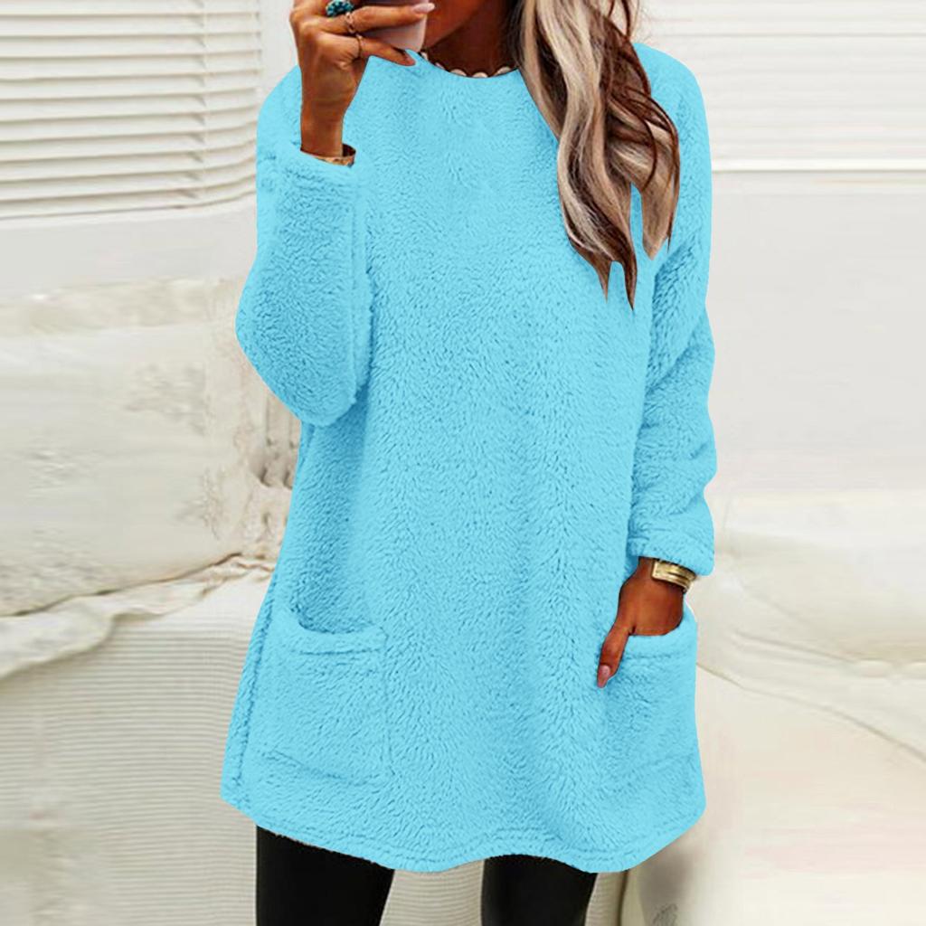 Women's Fashion Casual Long Sleeve Pocketed Round Neck Casual Warm Long Sleeve T-Shirt