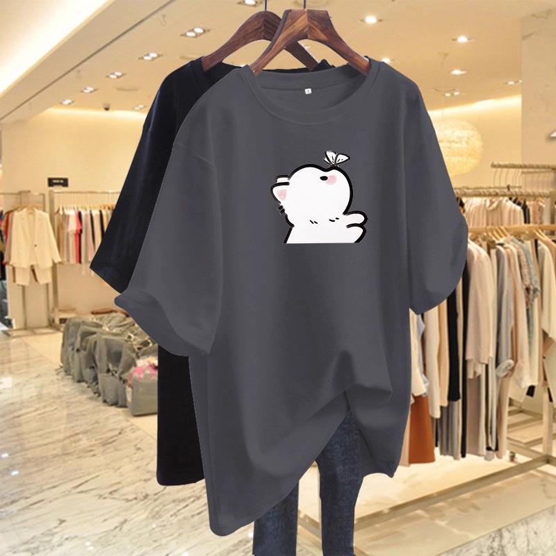 Women's Korean Style Cartoon Cotton T-Shirt, Summer 2026, Mid-Length, Age-Reducing, Half Sleeve