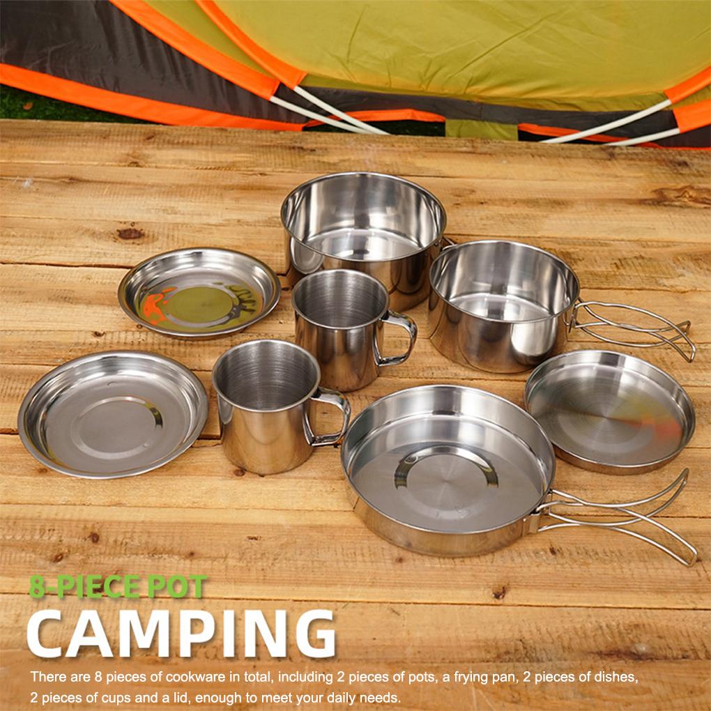 8-teiliges Outdoor-Kochgeschirr-Set aus Edelstahl, tragbare Schüssel für Wandern, Camping, Grillen, faltbares Kombinationsset für 5-6 Personen