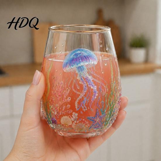 Functional Collectible Glass Cup Ocean-Themed Cup Jellyfish/Dolphins/Sea Turtles/Octopus Hand-Painted Thickened Drinking Durable Heat Resistant for