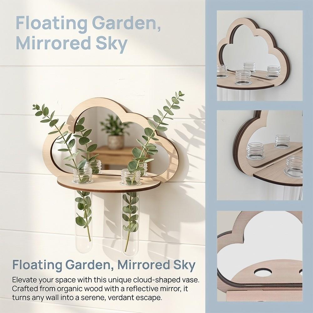 Mirror Wall Flower Vase Mushroom House Flower Stand Wood Wall Mount Flower Shelf Home Room Decor
