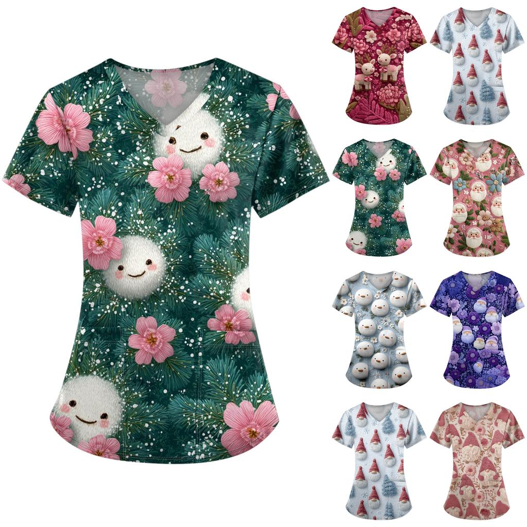 Dámská vánoční pracovní halenka s krátkým rukávem a výstřihem do V