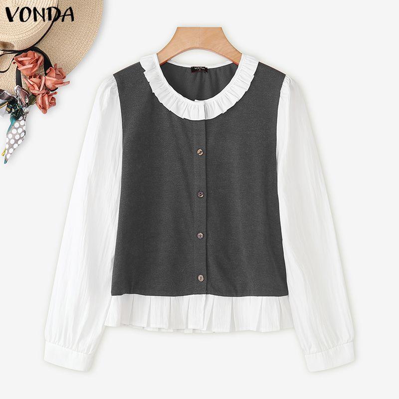 VONDA Women O Neck Long Sleeve Patchwork Buttons Loose Casual Autumn Blouse S