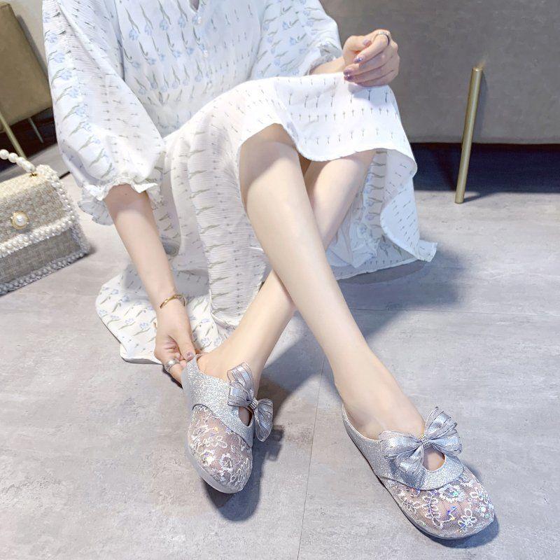 Fashion Women's Mules Slippers and Ladies Sandals Gold Round Toe Shoes Flat with Bow Slides Summer 2025 Waterproof Top Designs Non Slip