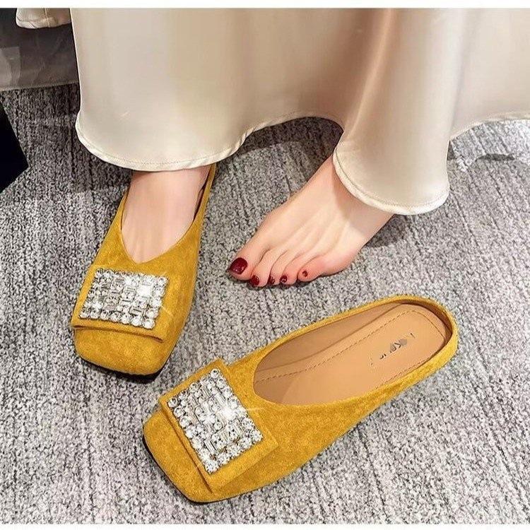 Spring and summer bag head half slippers wear new non-slip rhinestone square head flat sole shoes