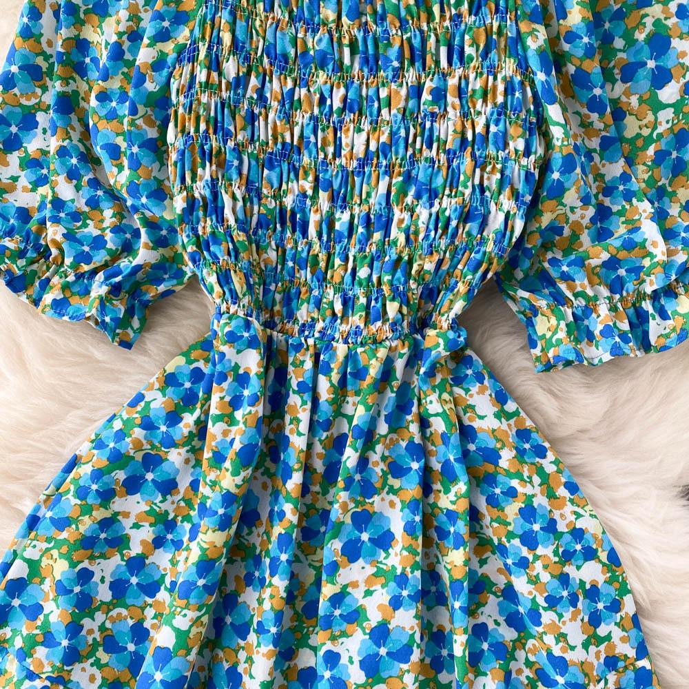 Women's Chic Sweet Slim Square Neck Bubble Sleeve Floral Dress Super Fairy Temperament A-line Dress