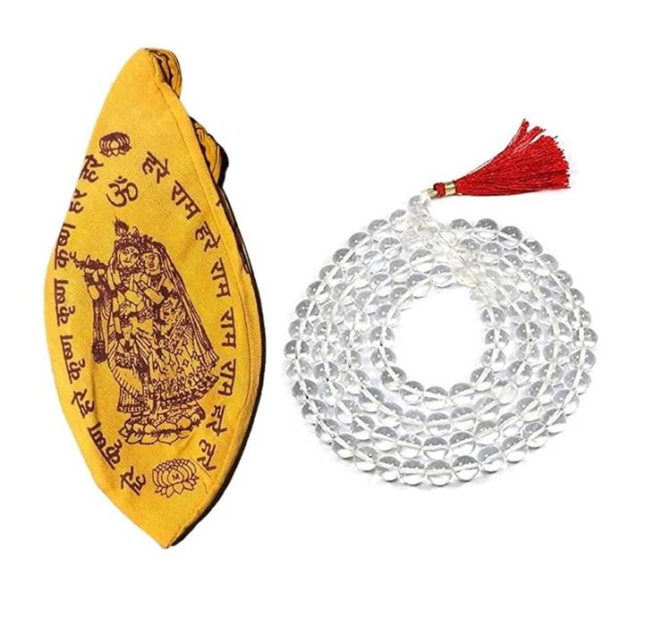 TreegoArt Clear Crystal Quartz Sphatik Jaap Mala 108+1 Beads With Hare Ram Hare Krishna Bag For Pooja Transparent - Pack Of 1