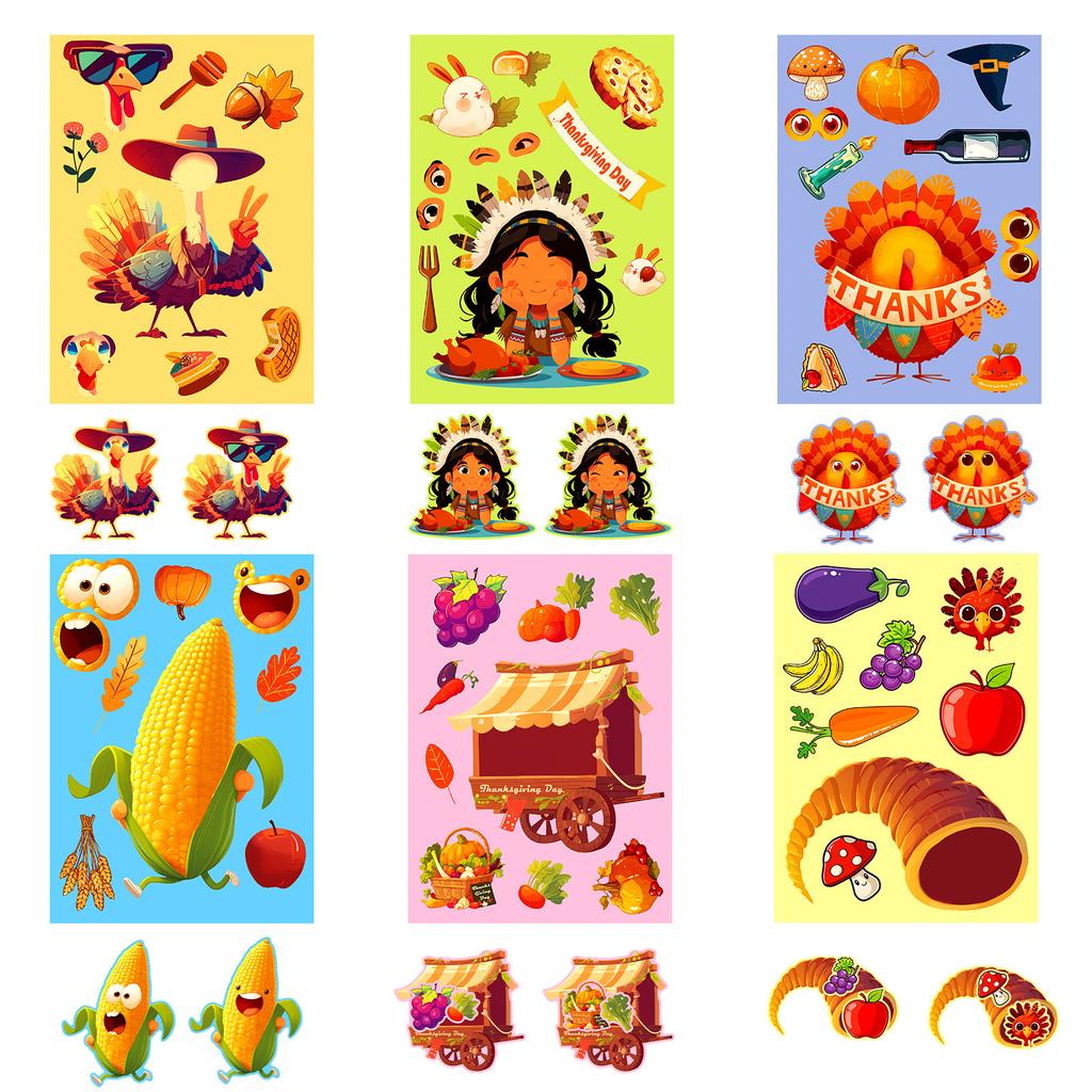 6 Photos/pack Thanksgiving Themed Puzzle Stickers Turkey Corn Festival Celebration DIY Face Swap Stickers