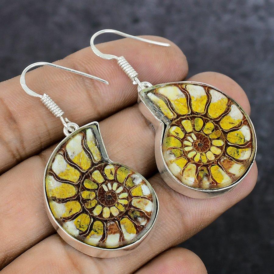 Natural Ammonite Fossil Gemstone 925 Sterling Silver Jewelry Earring 1.85" T1C81
