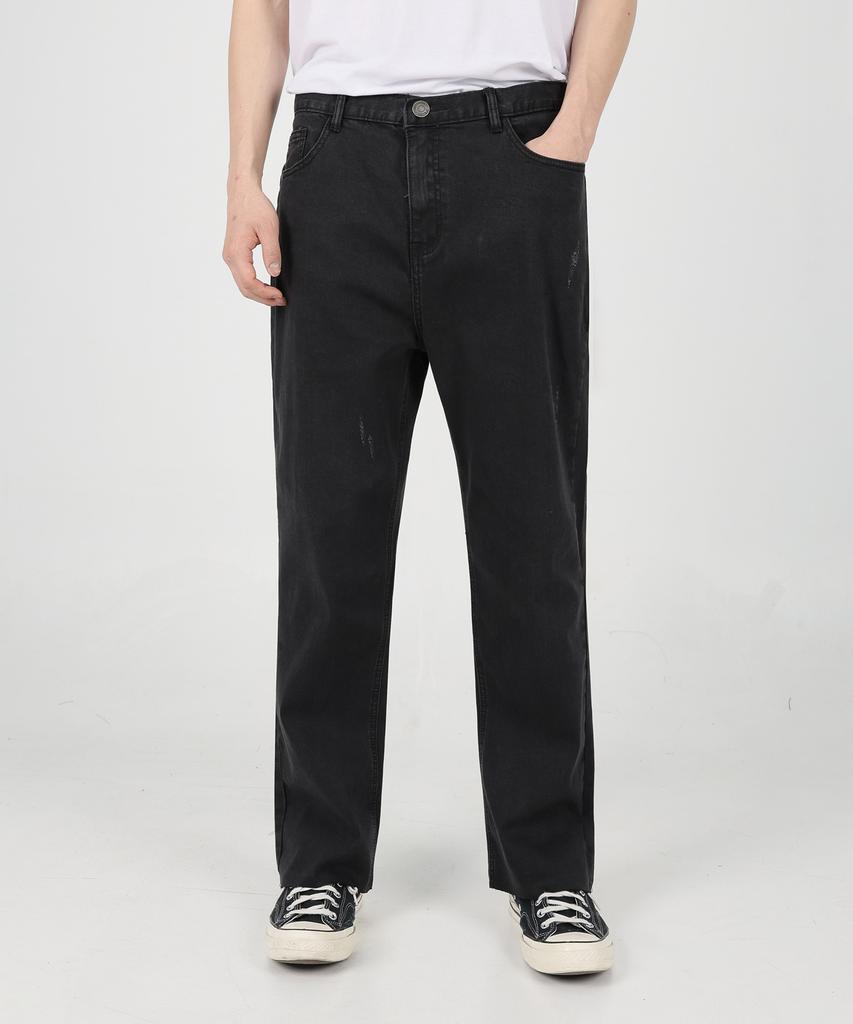 Jikeulib Bonded Brushed Black Cut-Off Hem Straight Denim Pants