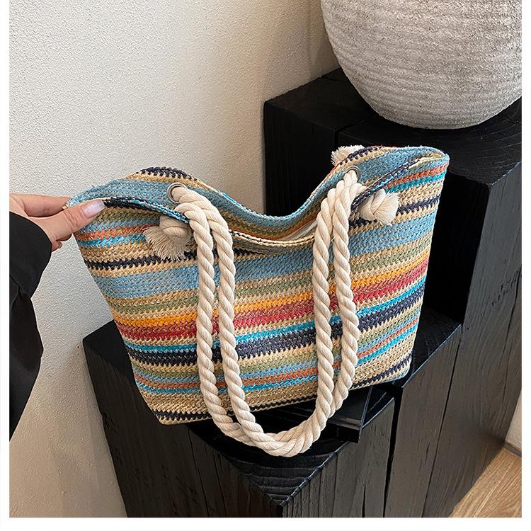 Fashion Rainbow Stripe Women's Bag Contrast Color Stripe Shoulder Bag Women's 2025 New Woven Tote Bag Large Capacity Handbag