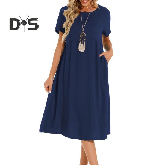 

Женское платье с круглым вырезом, коротким рукавом, длиной до колена, однотонное платье с карманами, свободное летнее платье S темно-синий