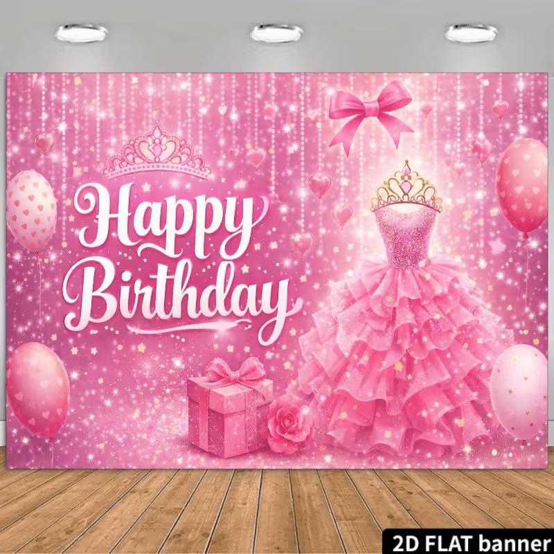 2D Pink Glitter Princess Birthday Backdrop with Crown Photography Background 47.2x31.5inch/120*80cm